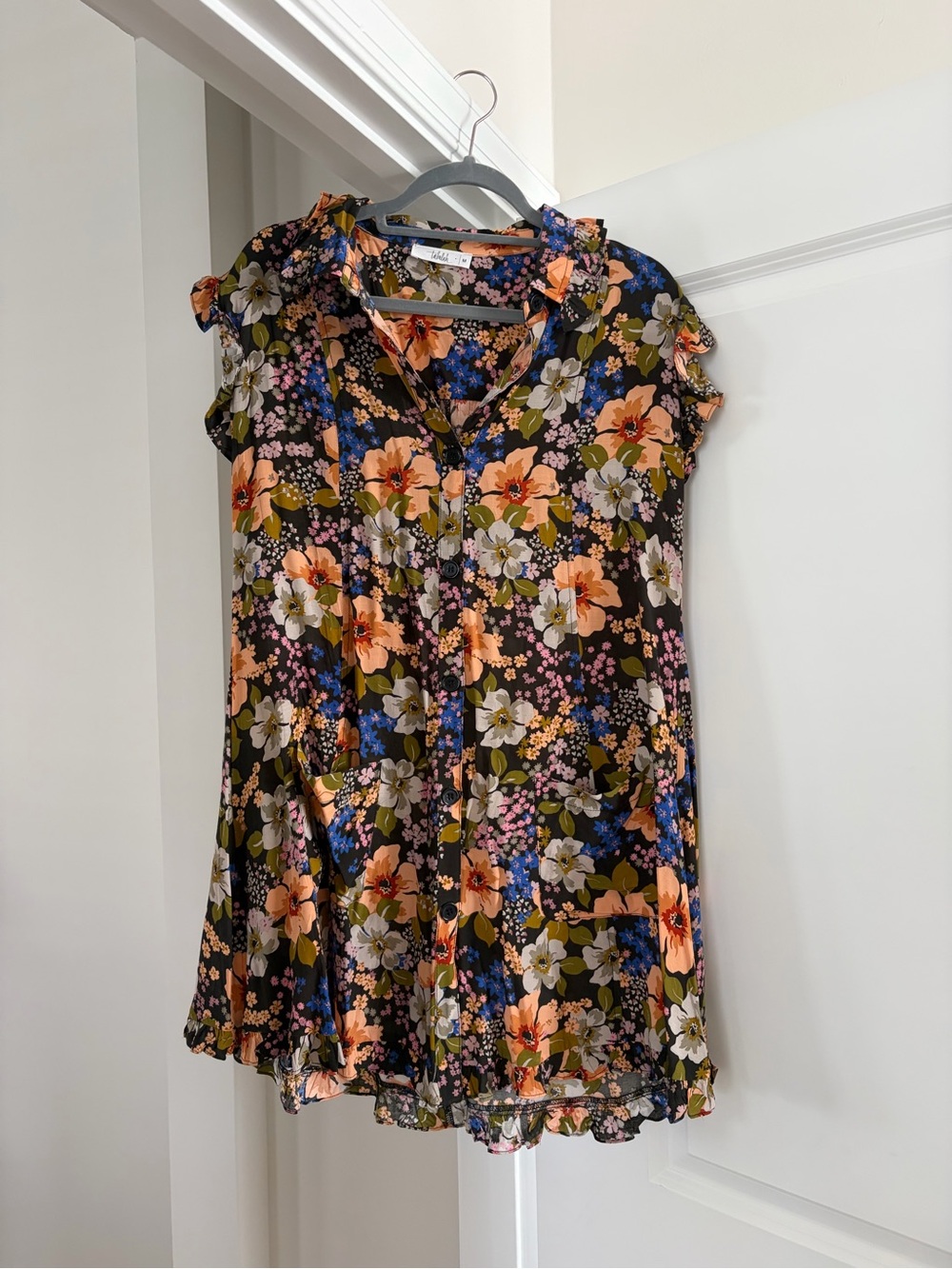 Ruffled Cap-Sleeve Floral Dress - Multi on Black